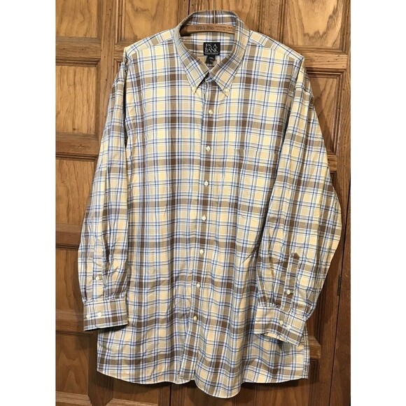 Jos. A Bank Cotton Shirt Men's size XXL Brown & Blue Plaid Long Sleeve Button Up - Picture 2 of 9